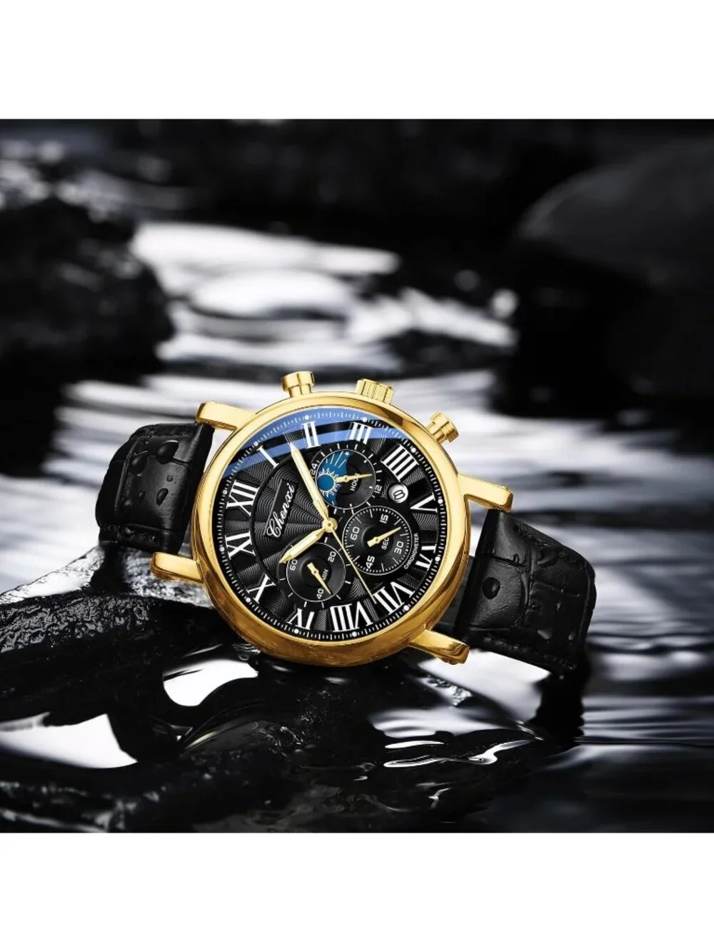 Mens Gold Black Leather Multifunctional Military Sports Analog Chronograph Watch